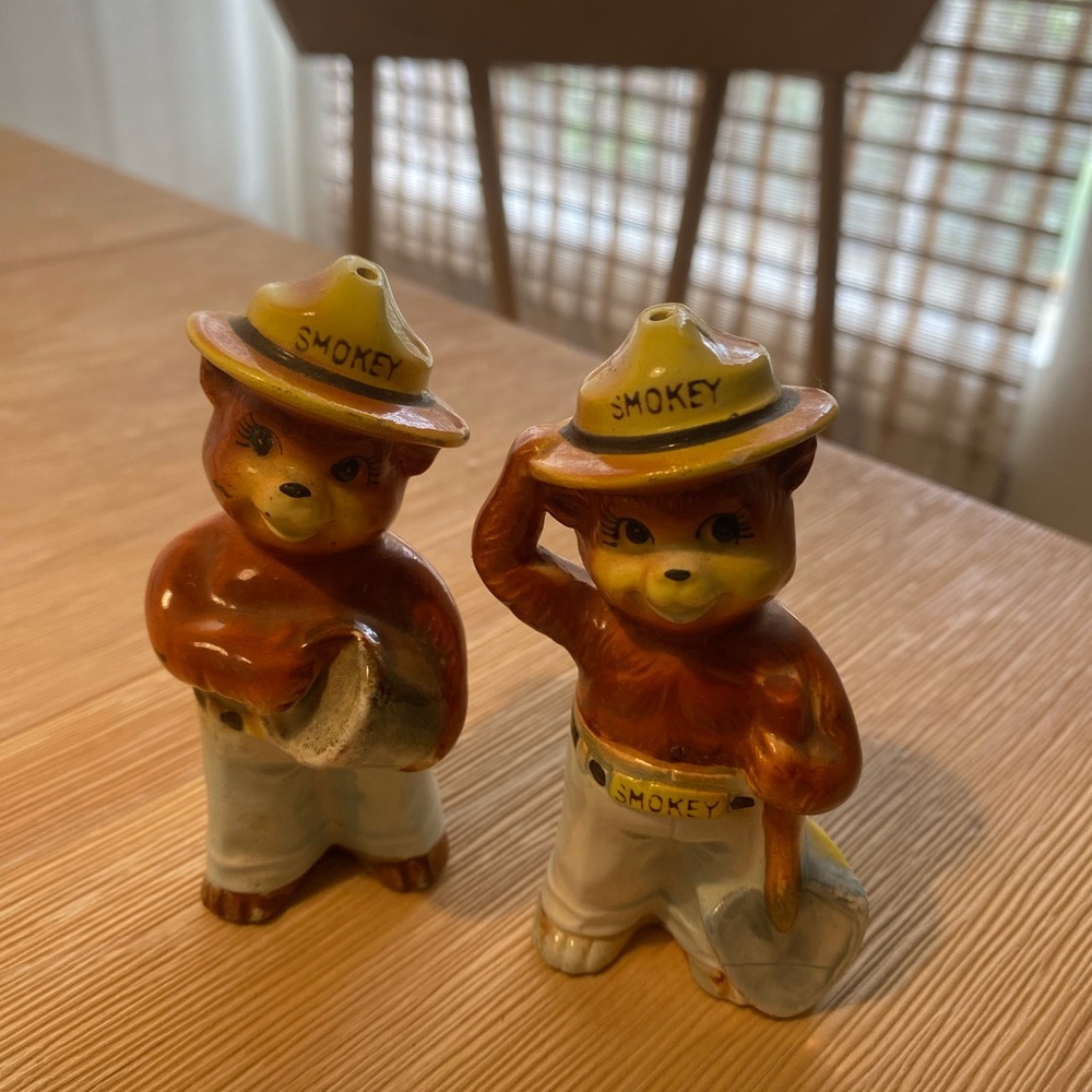 Smokey Bear Salt and Pepper Shakers - Brown and Yellow